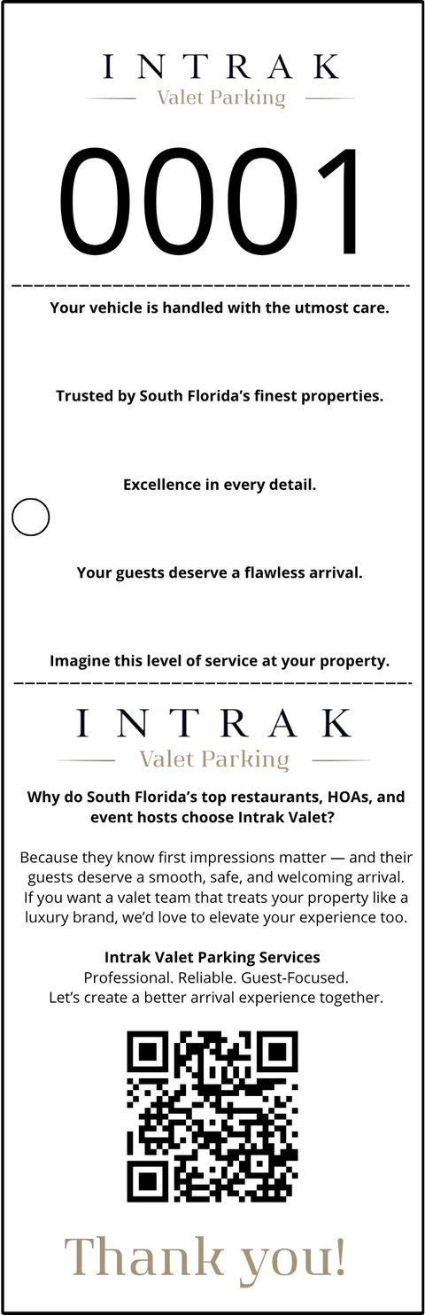 Intrak valet claim ticket, back, with liability terms
