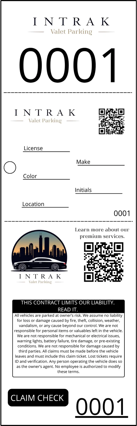 Intrak numbered valet claim ticket with QR code, front